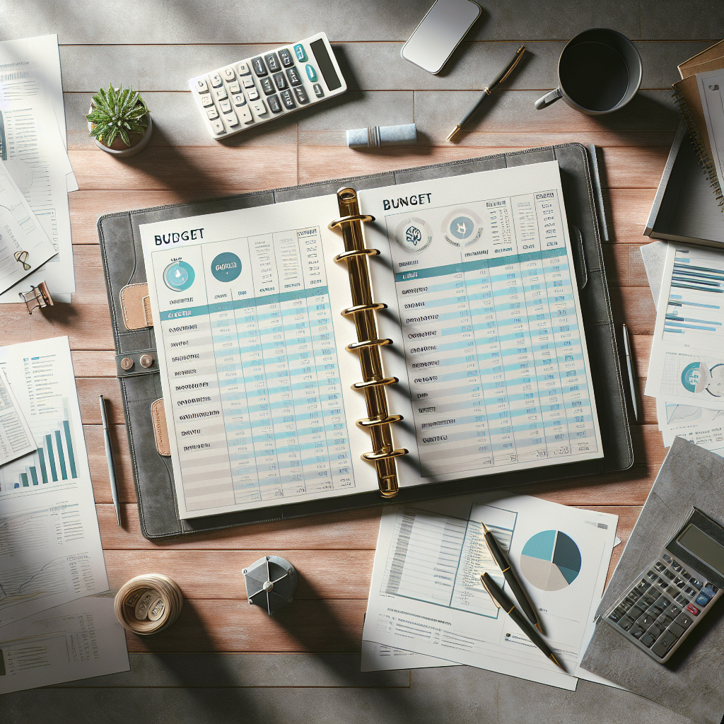 An open budget planner on a wooden desk with a calculator, pen, and financial documents.