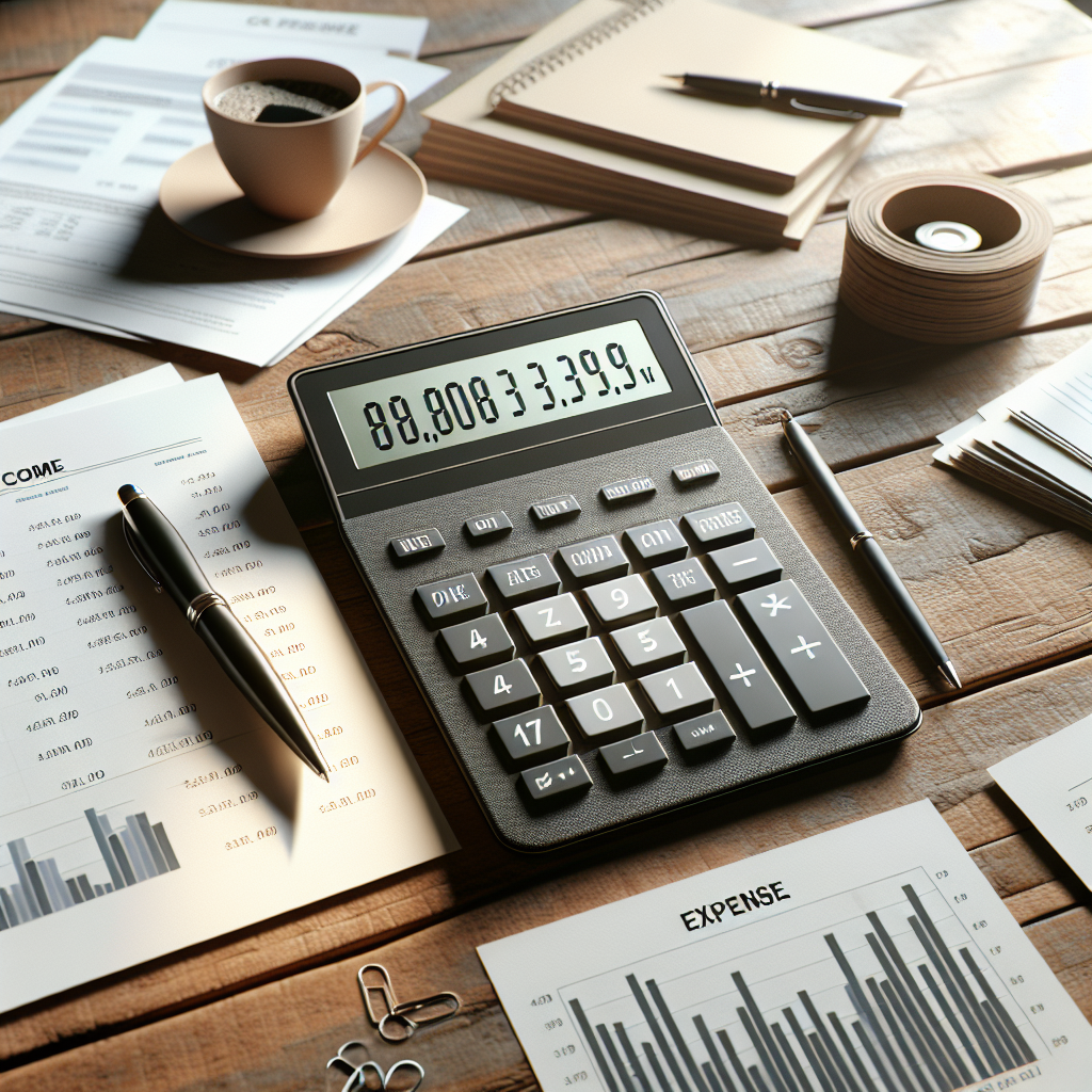 A modern budget calculator on a desk with financial documents, a pen, and coffee, in a cozy, well-lit office.