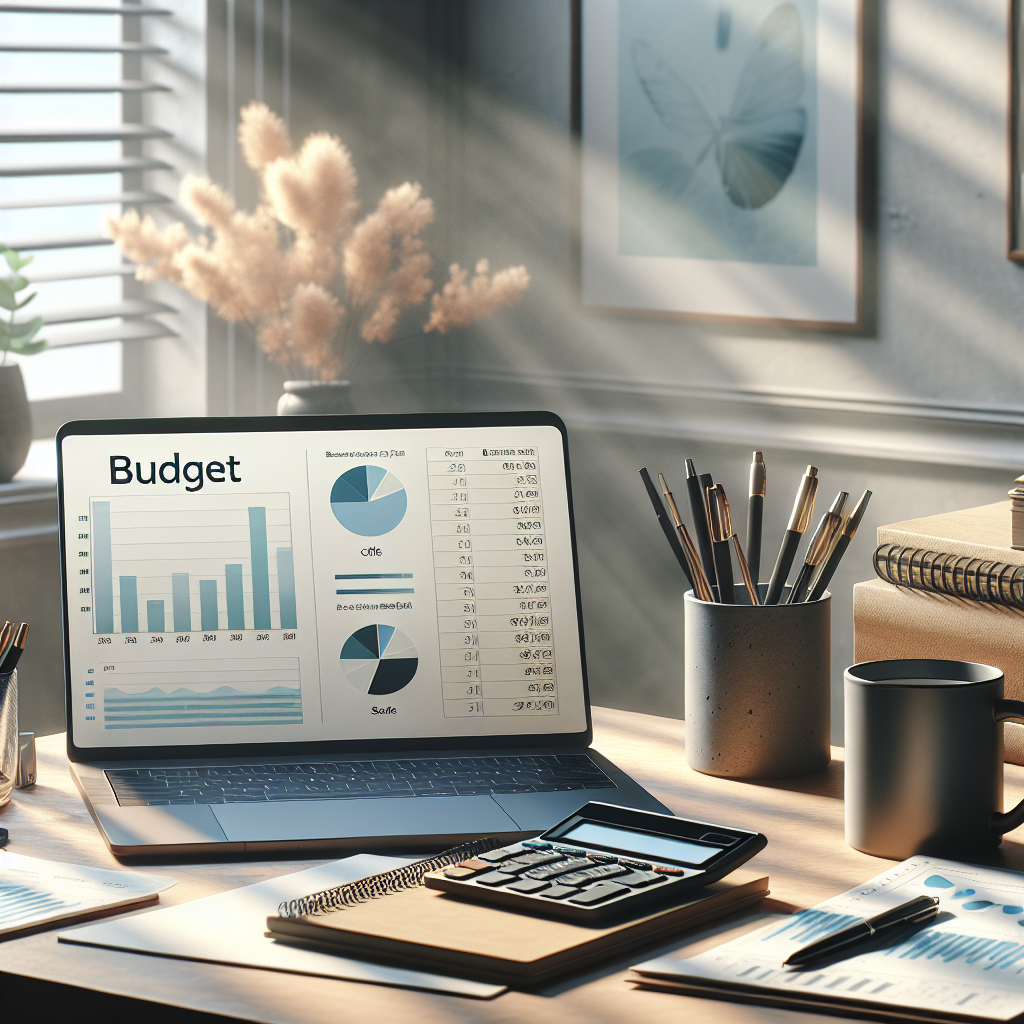 A realistic image of a desk setup featuring a laptop with a budget calculator, coffee mug, pens, and financial documents, bathed in natural sunlight.