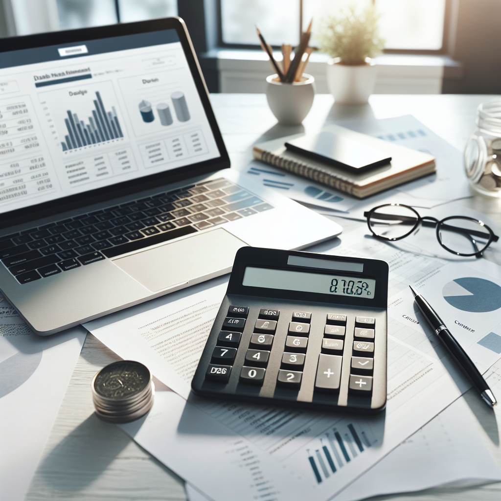 A realistic scene of a budget calculator on a modern desk with financial documents and a laptop.