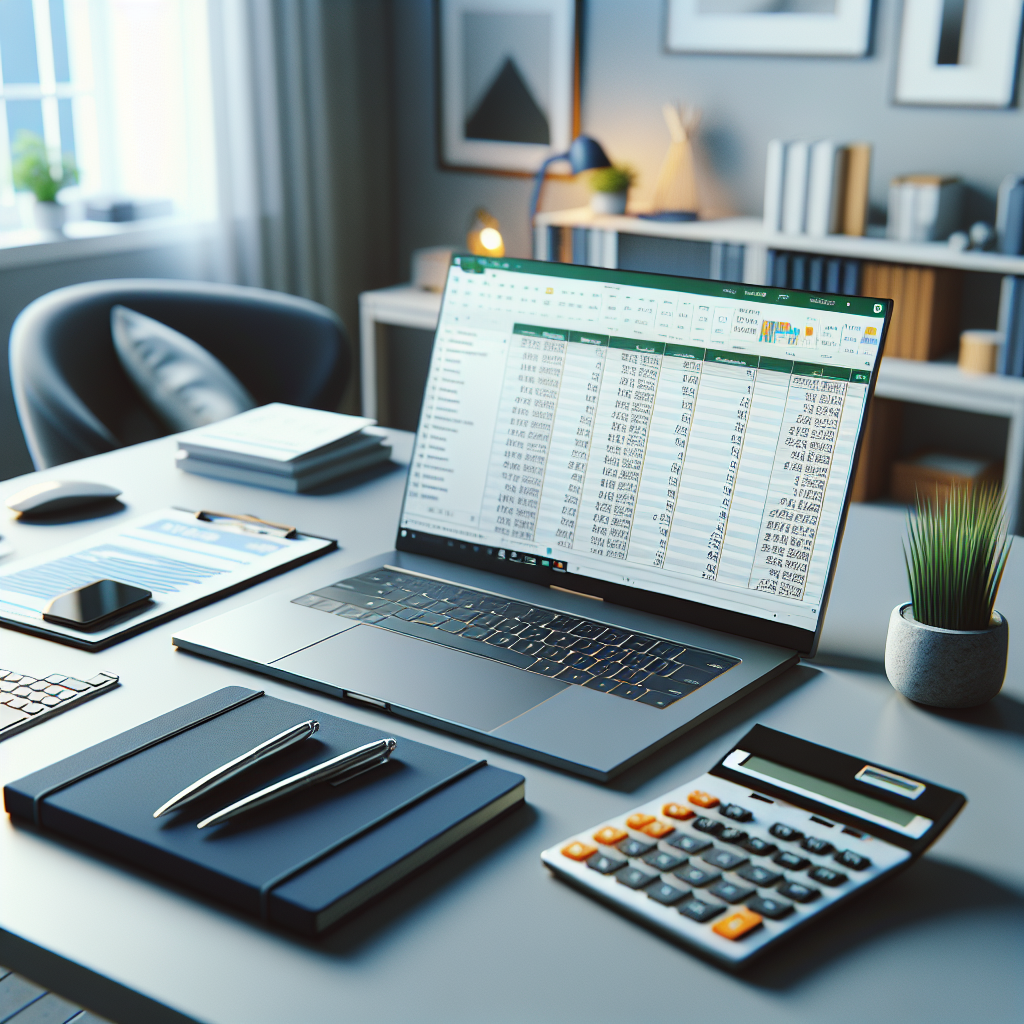 A desk with a modern laptop open to an Excel spreadsheet, a notebook, calculator, and pen in a home office setting.