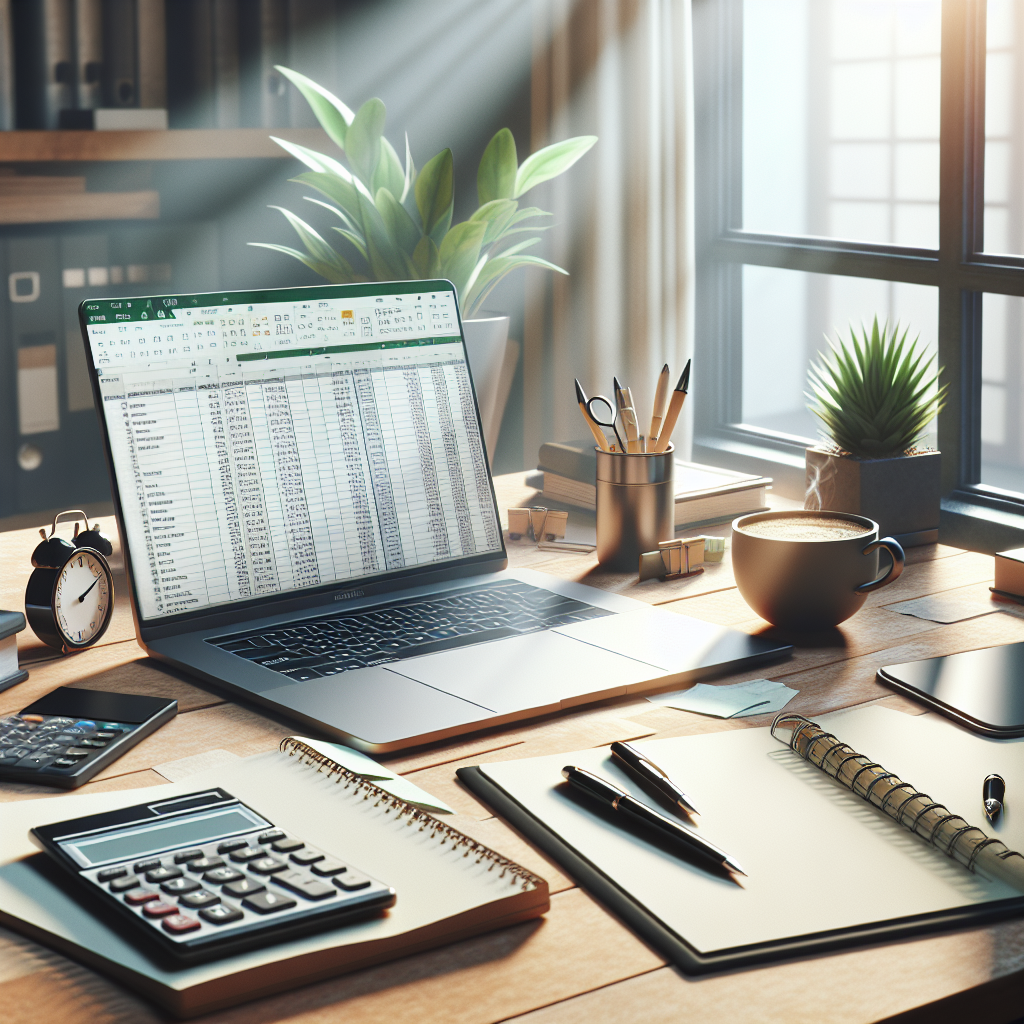 A desk with a laptop open to an Excel spreadsheet, along with a notepad, pen, calculator, and coffee cup, in a well-lit office space.