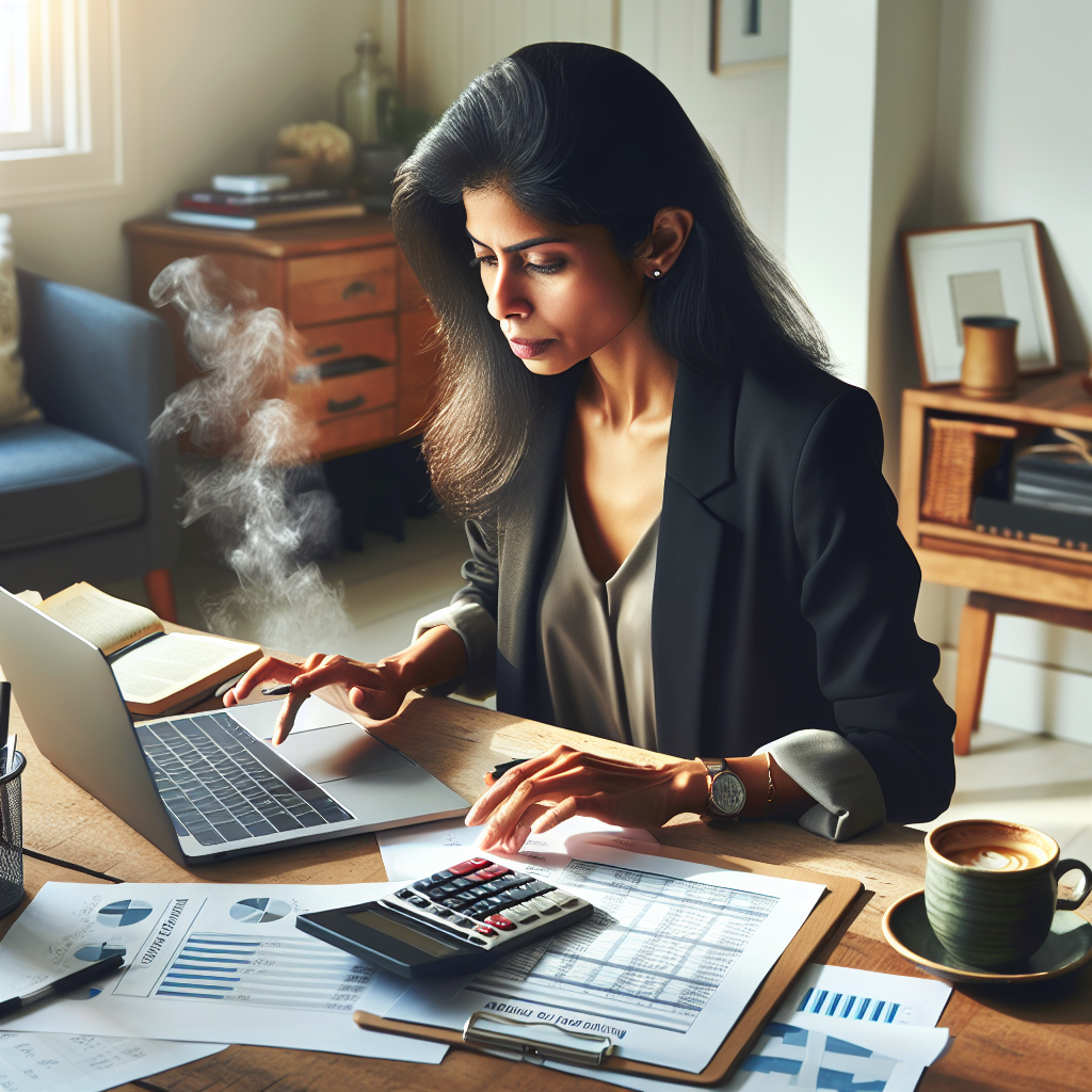 A person at a desk using a laptop for budget planning with Excel, amidst planning documents and a calculator.