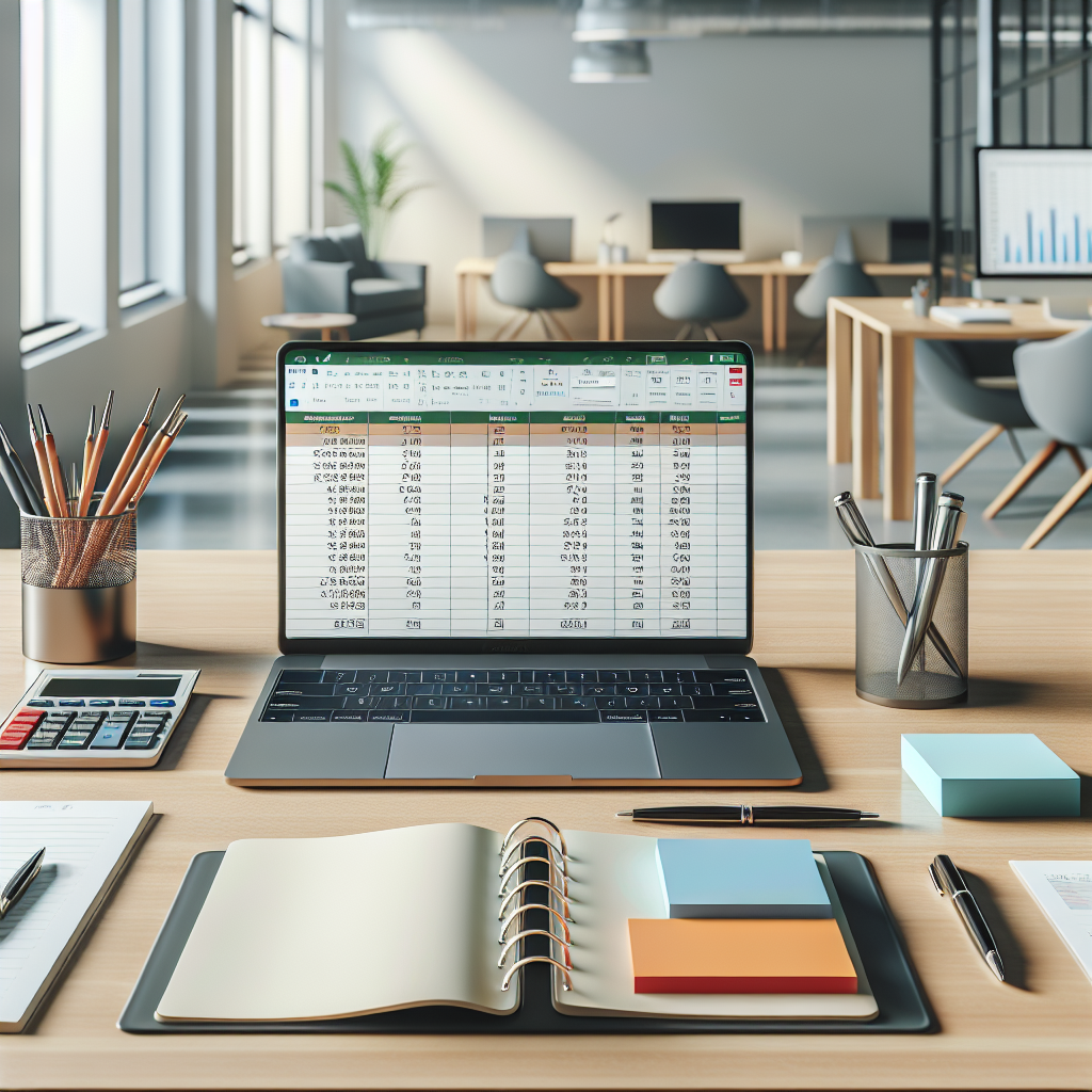 A workspace with a laptop displaying an Excel budget spreadsheet surrounded by stationery items.