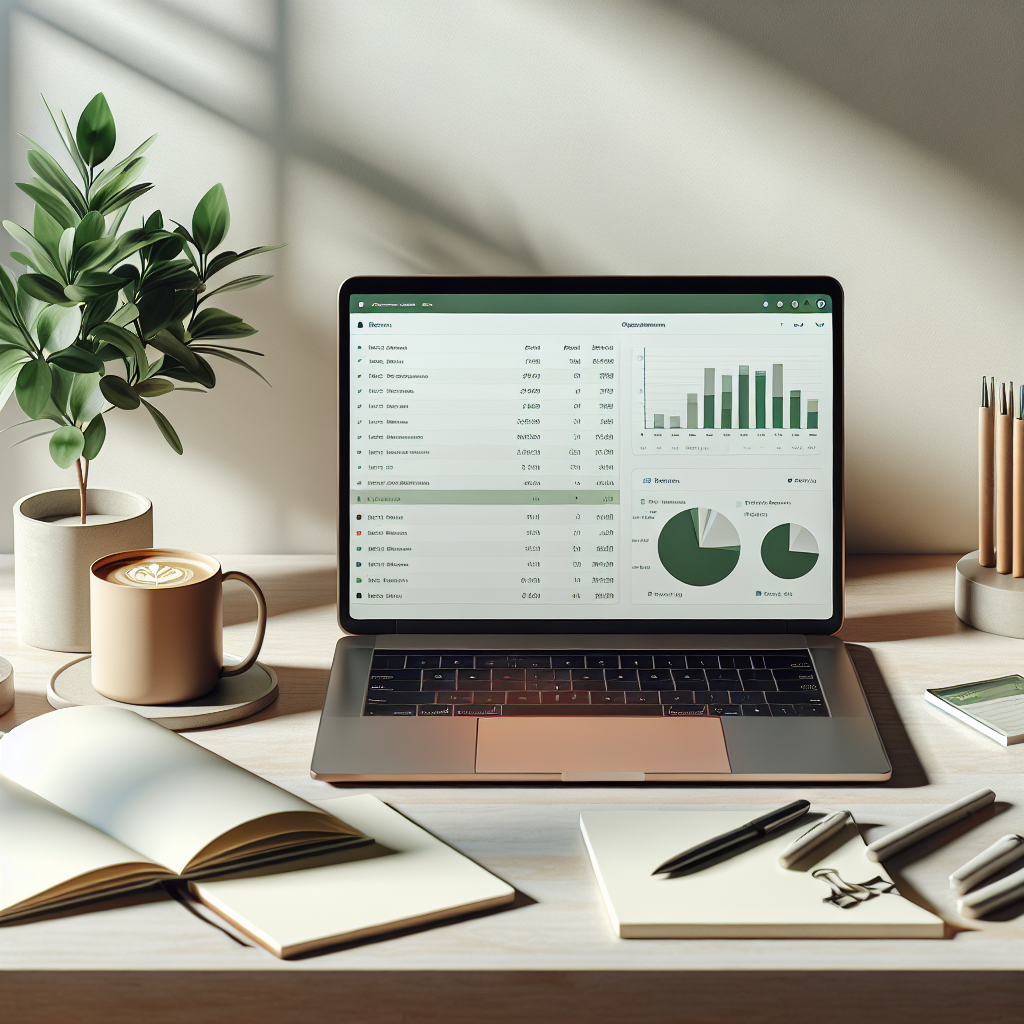 A modern MacBook displaying a budget app on a clean, organized desk with a potted plant, notepad, and coffee.