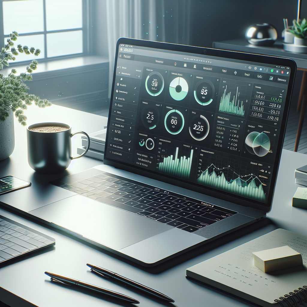 Modern MacBook on a desk with a budget app open, showcasing financial graphs and charts.