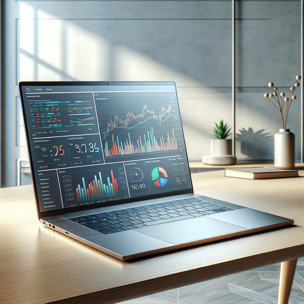 A MacBook displaying a budget app with financial charts and graphs, set on a sleek desk in a minimalist room.