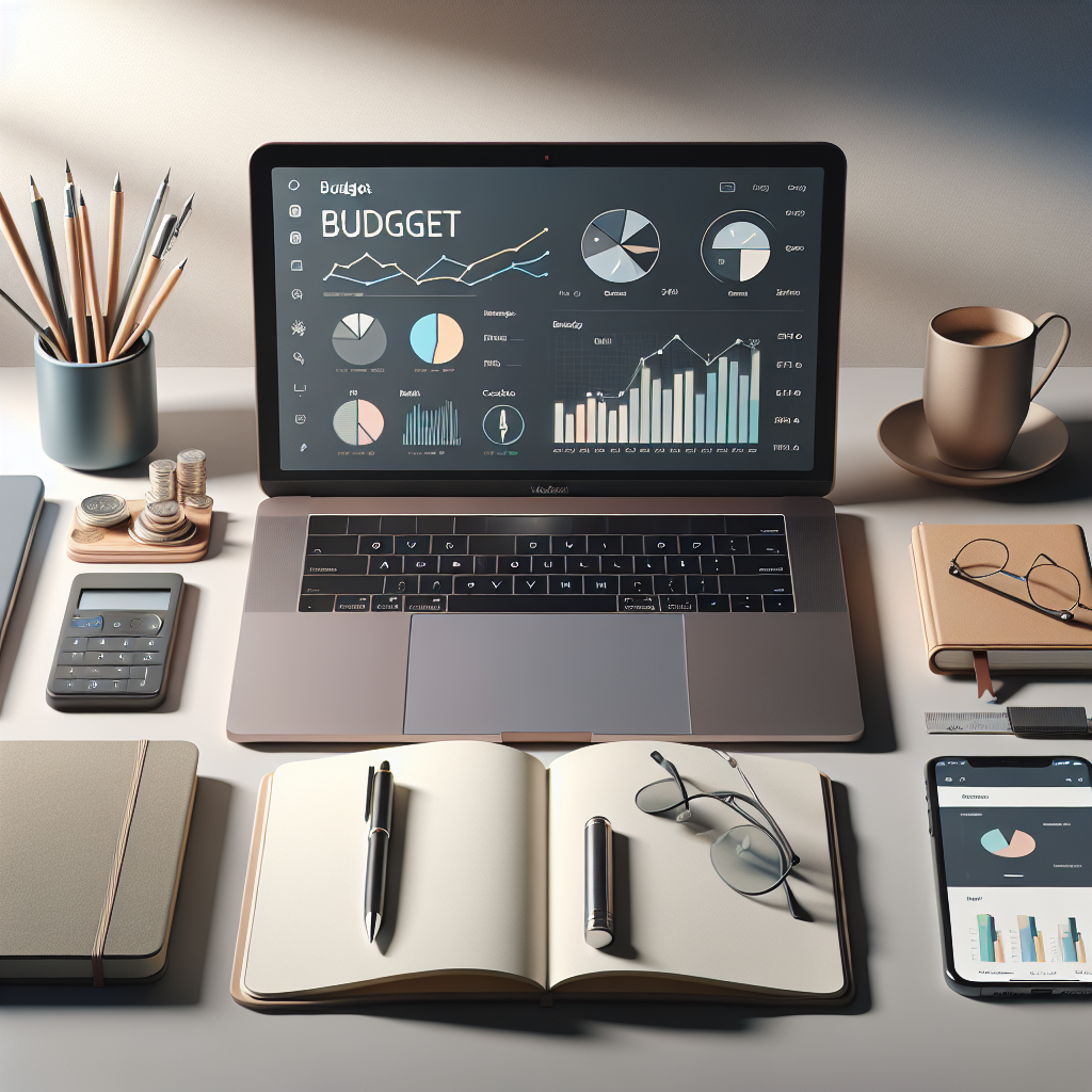 A MacBook displaying a budget app on a clean, modern desk setup.