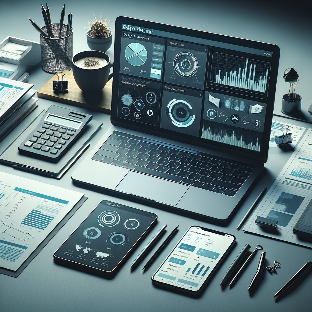 A realistic image of a modern digital budget planner displayed on a laptop and smartphone, on a clean desk with financial documents and a cup of coffee.