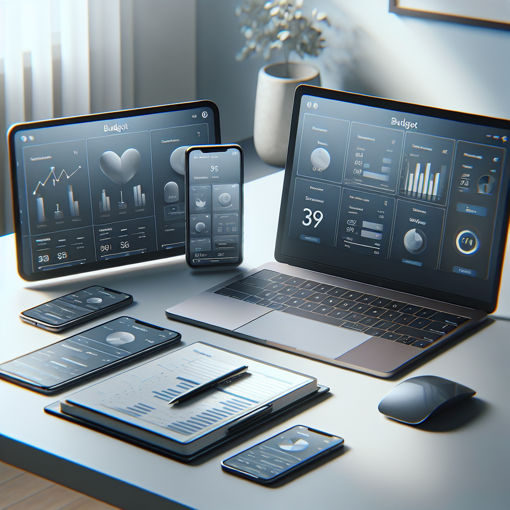 A realistic image of a smartphone, tablet, and laptop on a clean desk, displaying a digital budget planner interface.