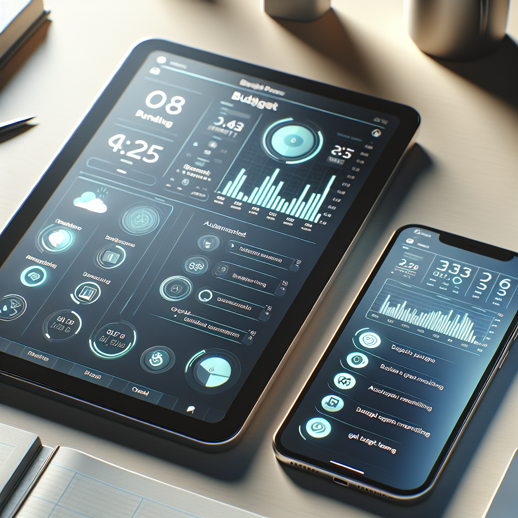 Digital budget planner interface on a tablet and smartphone on a clean desk.