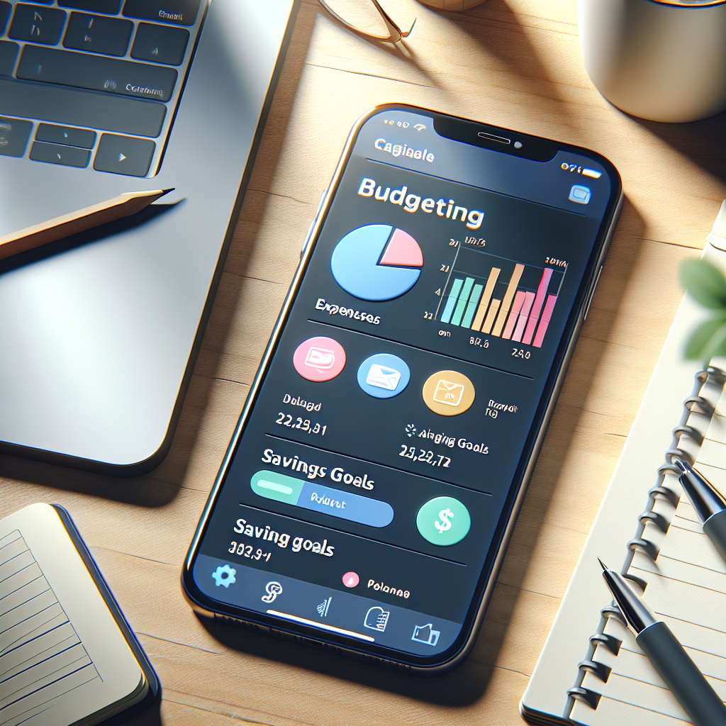 A close-up of a smartphone screen showing a budgeting app interface with categorized expenses and savings goals, set on a tidy desk.