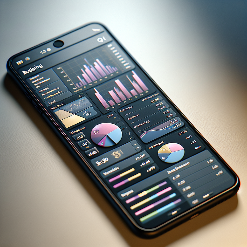 Realistic image of a smartphone displaying a budgeting app interface with various financial metrics.