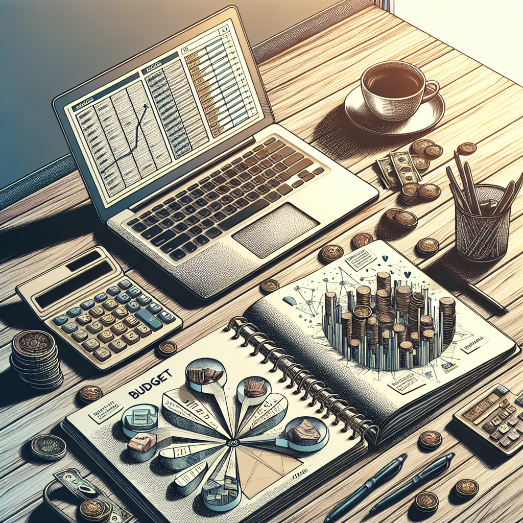 A realistic depiction of a desk organized with items used for budget tracking, including a laptop, notebooks, a calculator, coins, and bills.