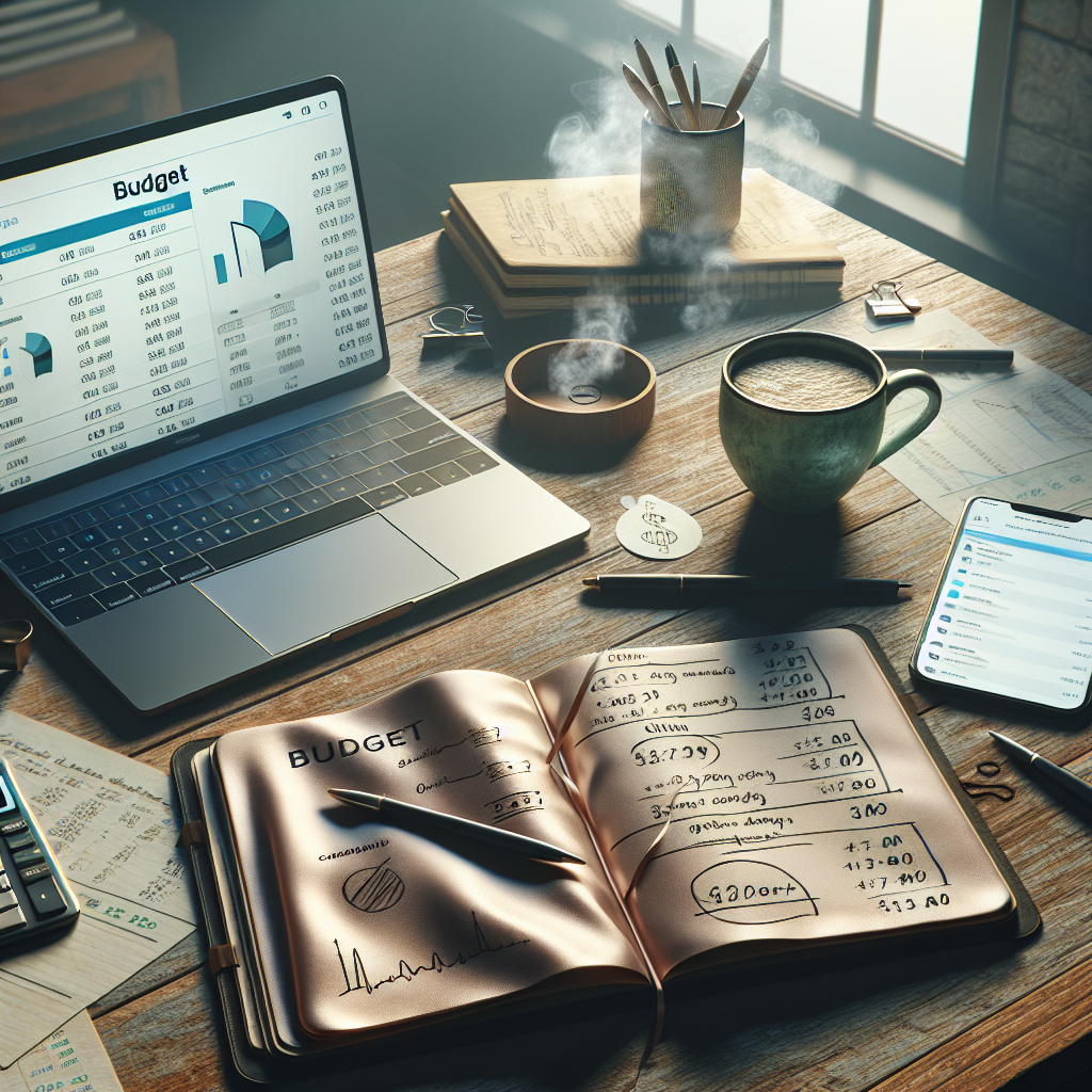 A desk with a laptop showing a budgeting app, a notebook with financial notes, a smartphone, calculator, and coffee.