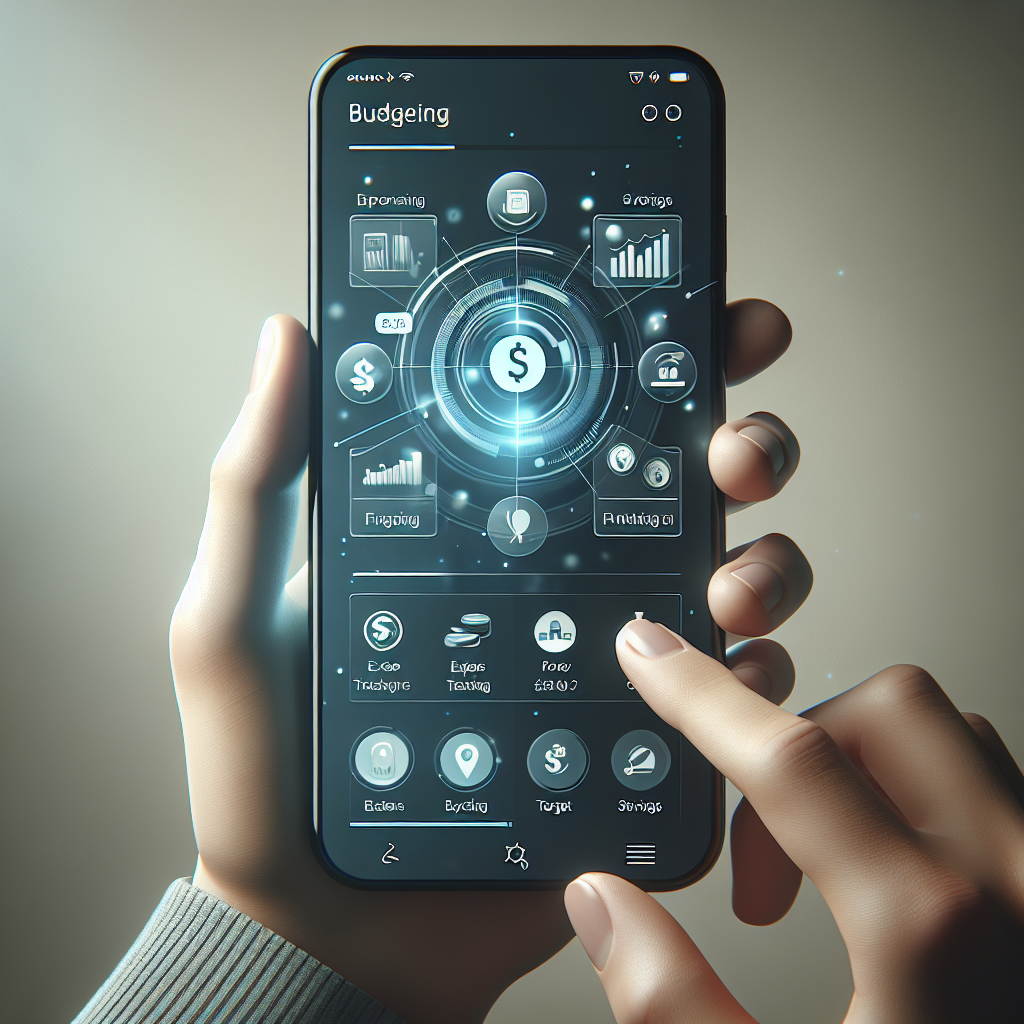 A realistic depiction of a smartphone screen displaying a budgeting app interface held by a hand.