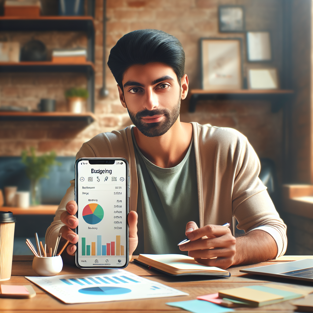 A person using a budgeting app on a smartphone at a modern desk in a cozy home office.