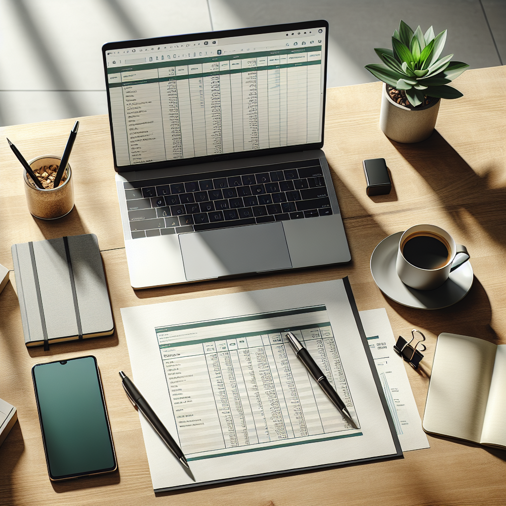 A tidy desktop with a laptop displaying a budget tracking spreadsheet and various office items.