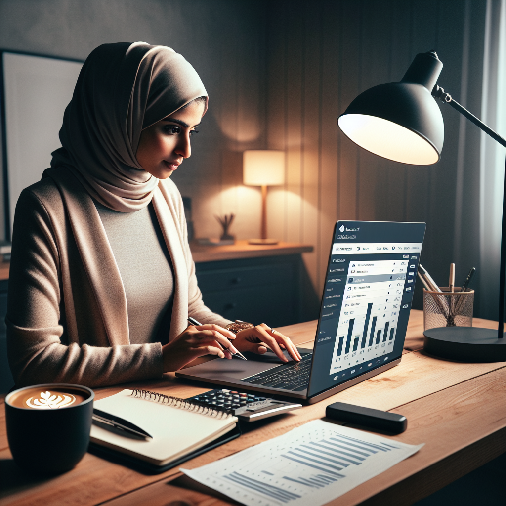 A person using an expense tracker app on a laptop in a home office.