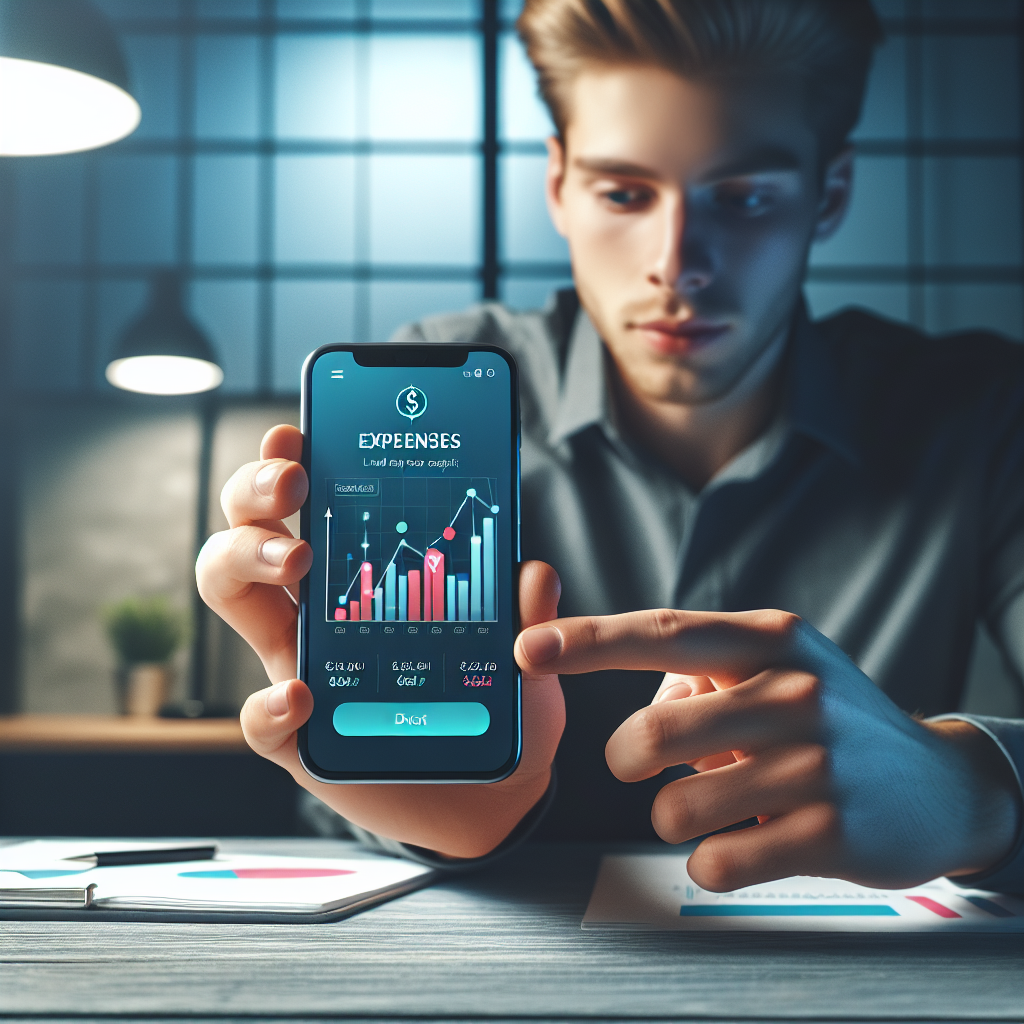 A realistic image of a smartphone showing an expense tracker app interface, held by a young person at a wooden desk.