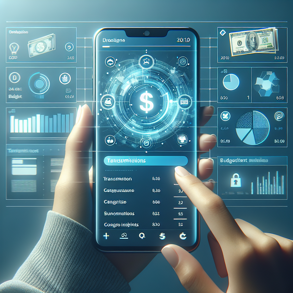 A realistic image of a smartphone displaying a digital expense tracker linked to a bank account with categorized transactions and budget insights.