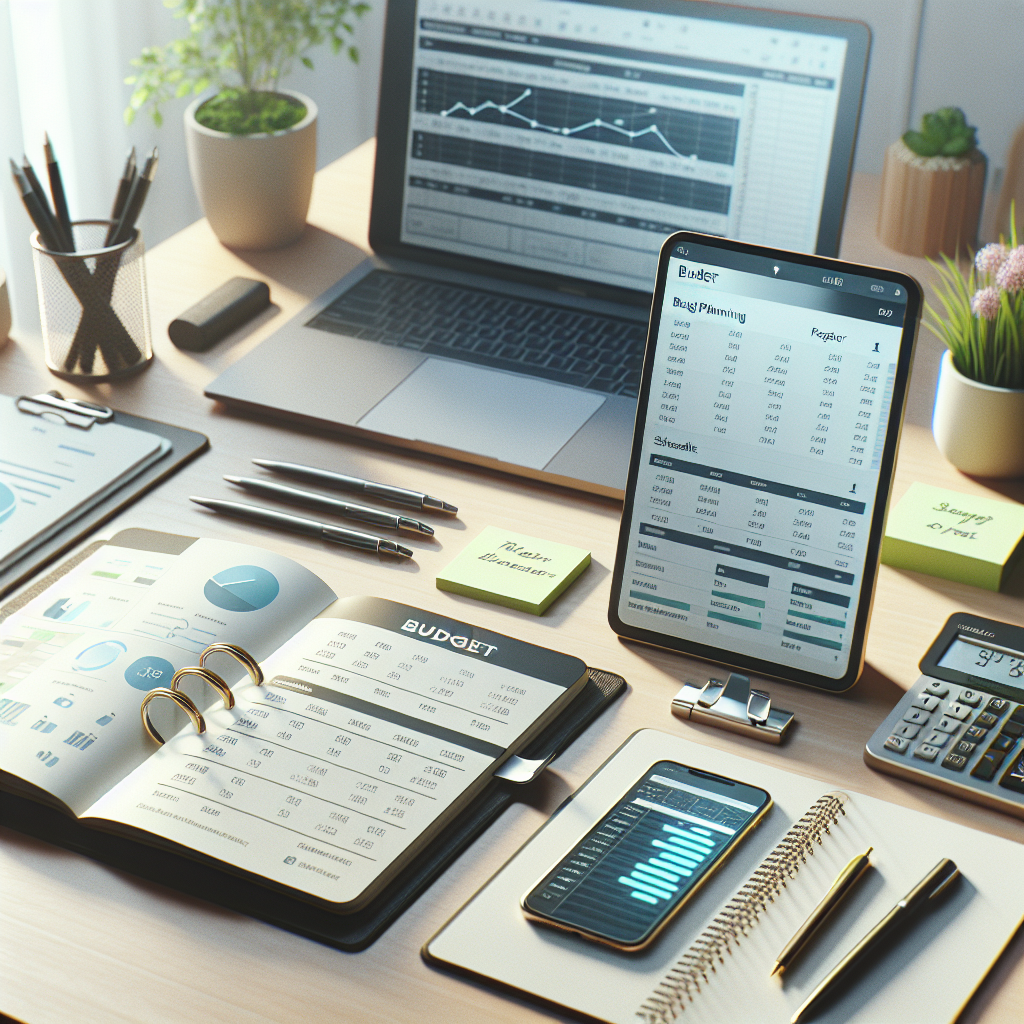 Different types of budget planners including a paper planner, digital spreadsheet on a laptop, and a smartphone app on a neat desk.