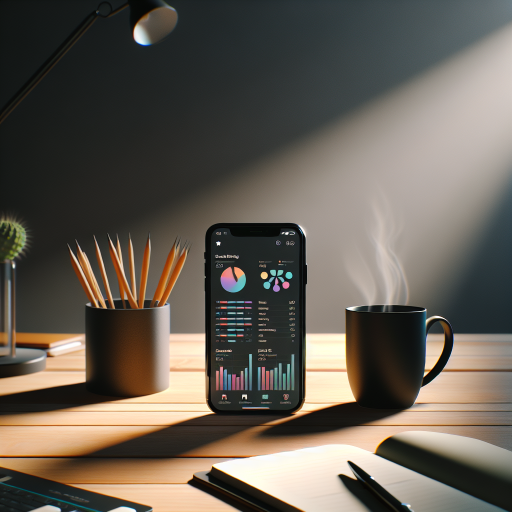 iPhone with budget tracking app on a wooden desk surrounded by a coffee cup, notebook, and pen.