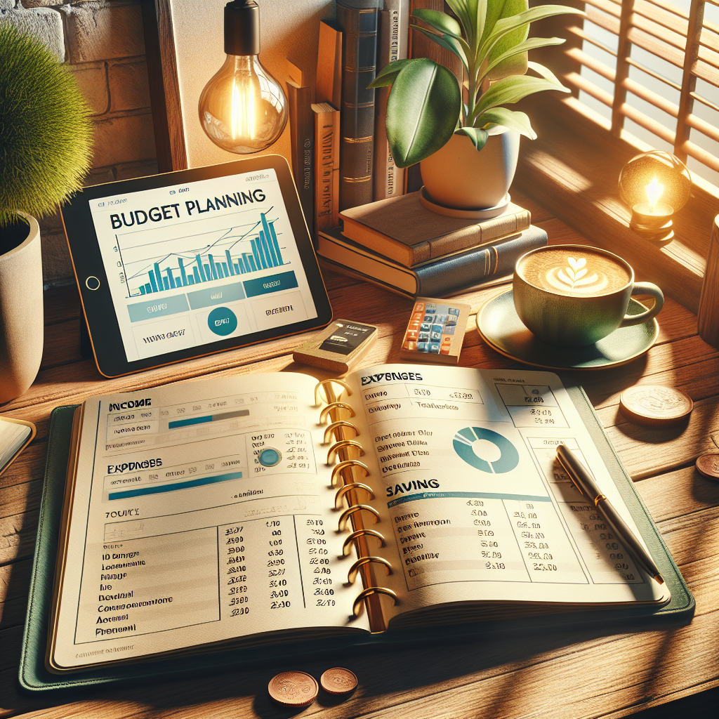 A realistic depiction of a budget planner on a wooden desk with both physical and digital forms shown.