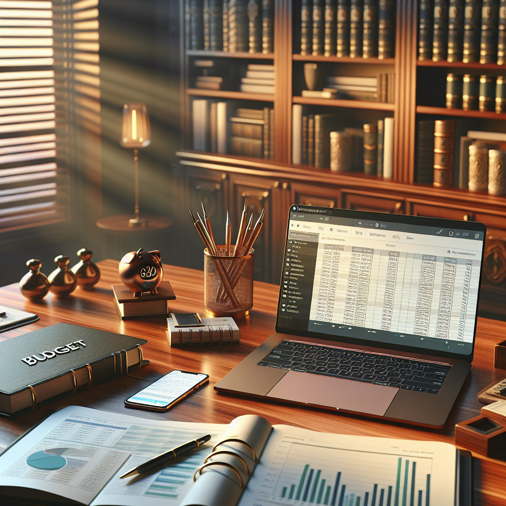 A realistic depiction of a budget planning scene with various tools for managing finances on a wooden desk.