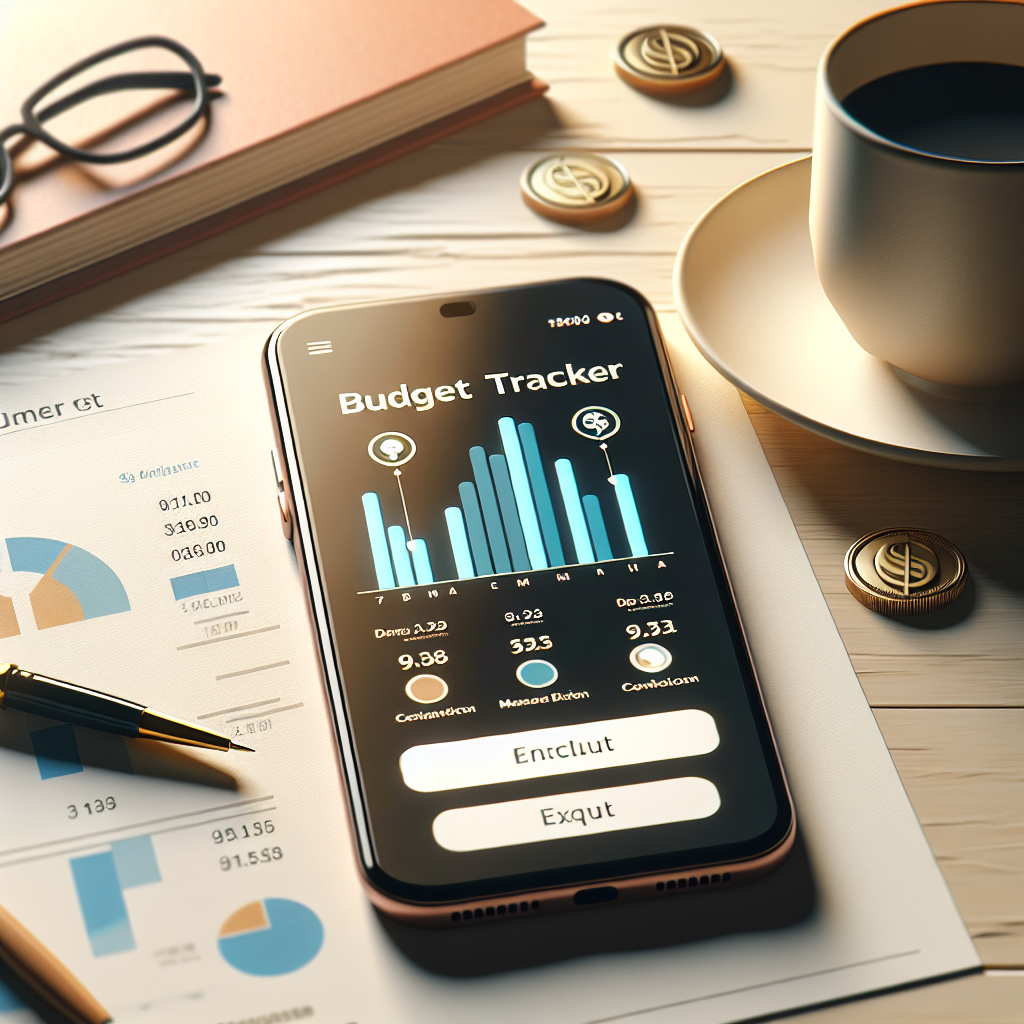 A realistic depiction of an iPhone displaying a budget tracking app on a modern desk.