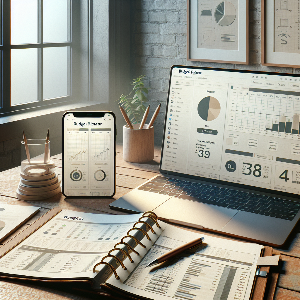 A realistic budget planner desk setup with traditional, digital, and mobile budgeting tools arranged neatly.