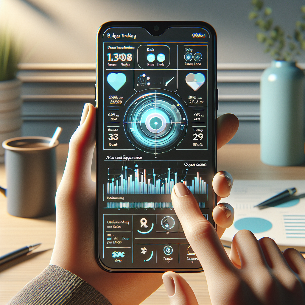 Modern iOS budget tracking app displayed on a sleek iPhone, with financial charts and an organized workspace background.