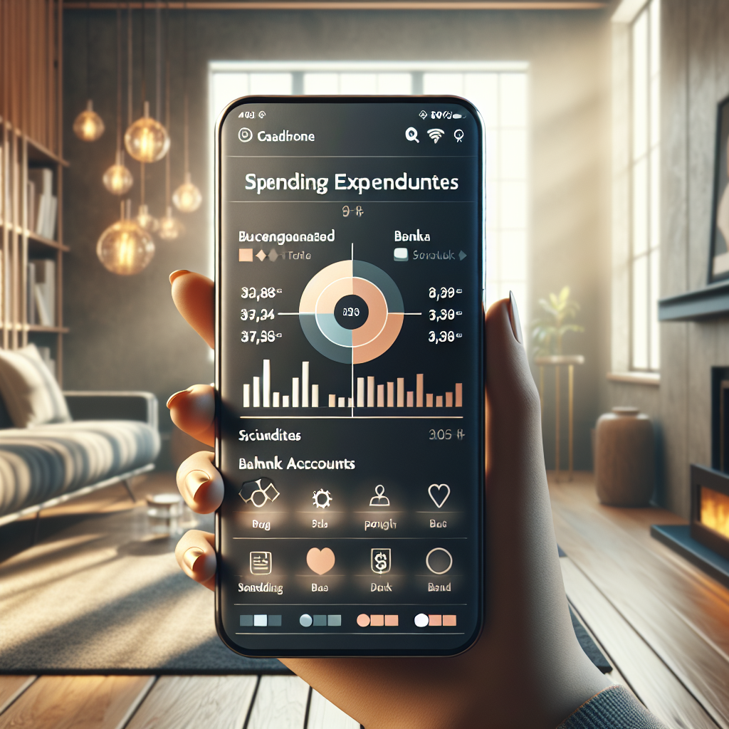 A realistic image of a smartphone displaying a budget tracker app interface with categorized expenses and spending trends in a cozy indoor setting.