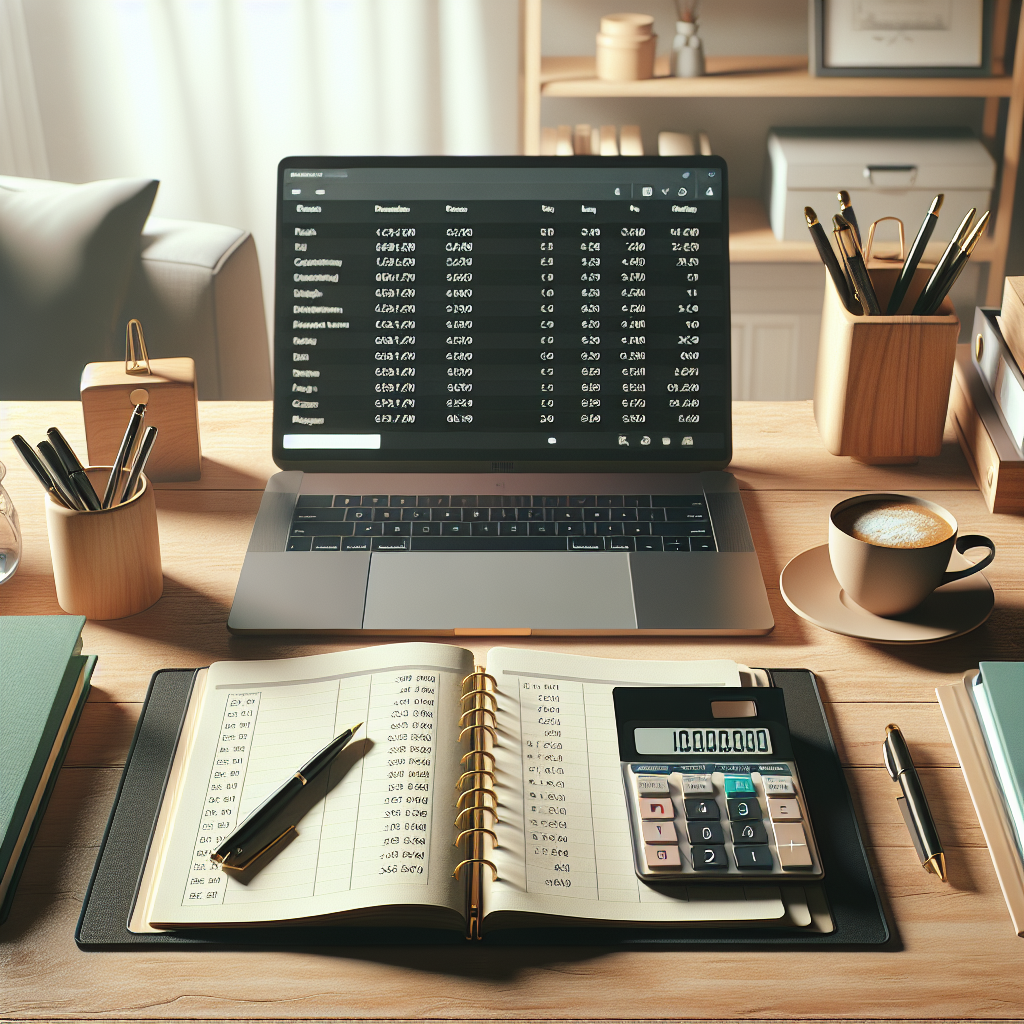 A realistic image of a budget planning setup on a wooden desk with a notebook, calculator, coffee cup, laptop, and folders.