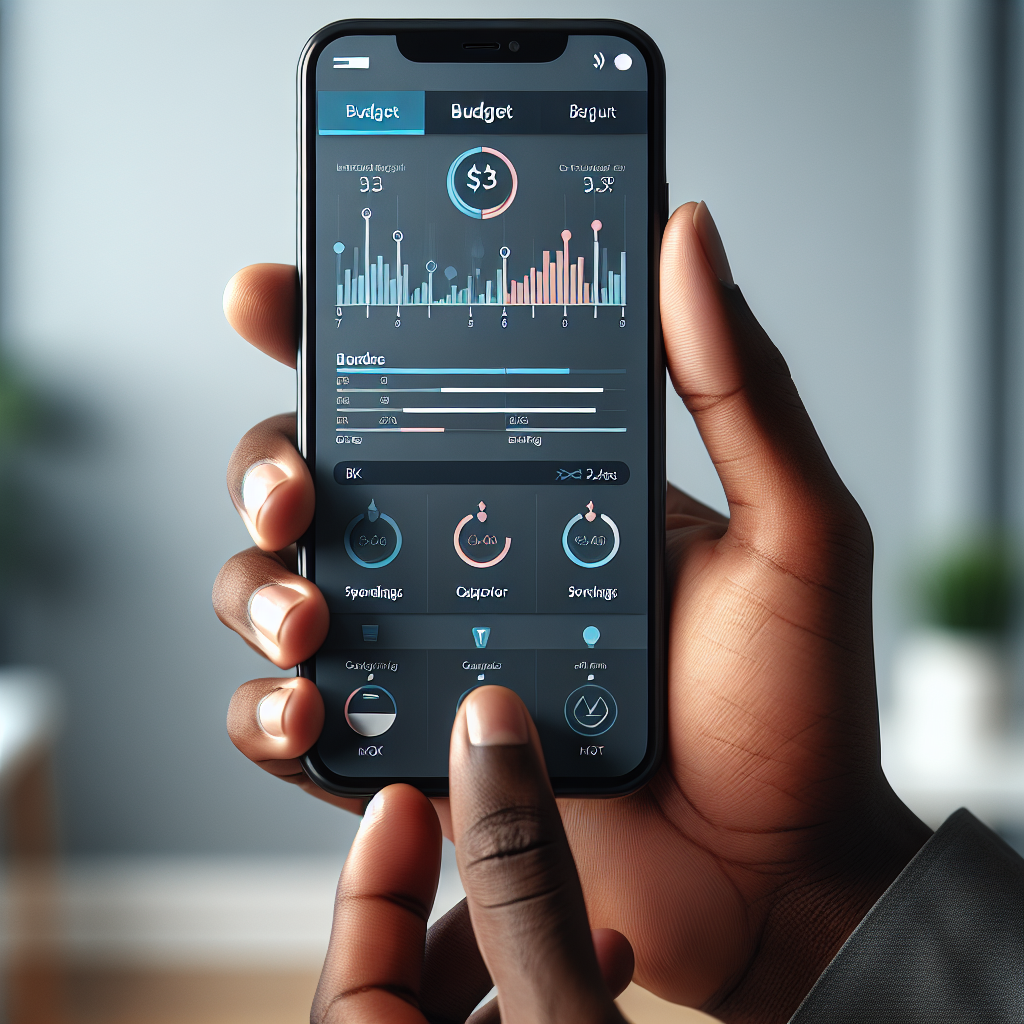 A smartphone displaying a budget tracking app held by a person with neat hands.