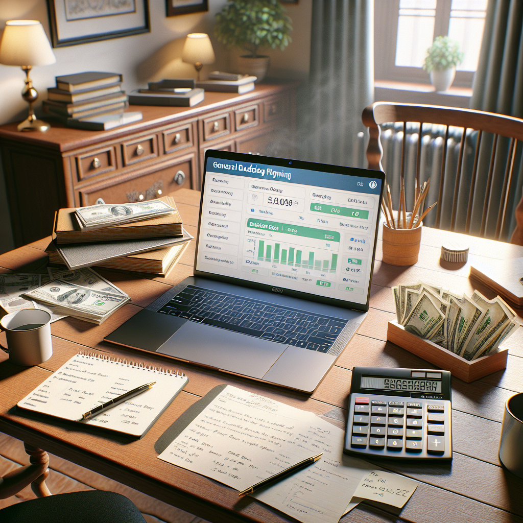 A realistic home office setup for budget planning with a laptop, calculator, bills, and a notepad.