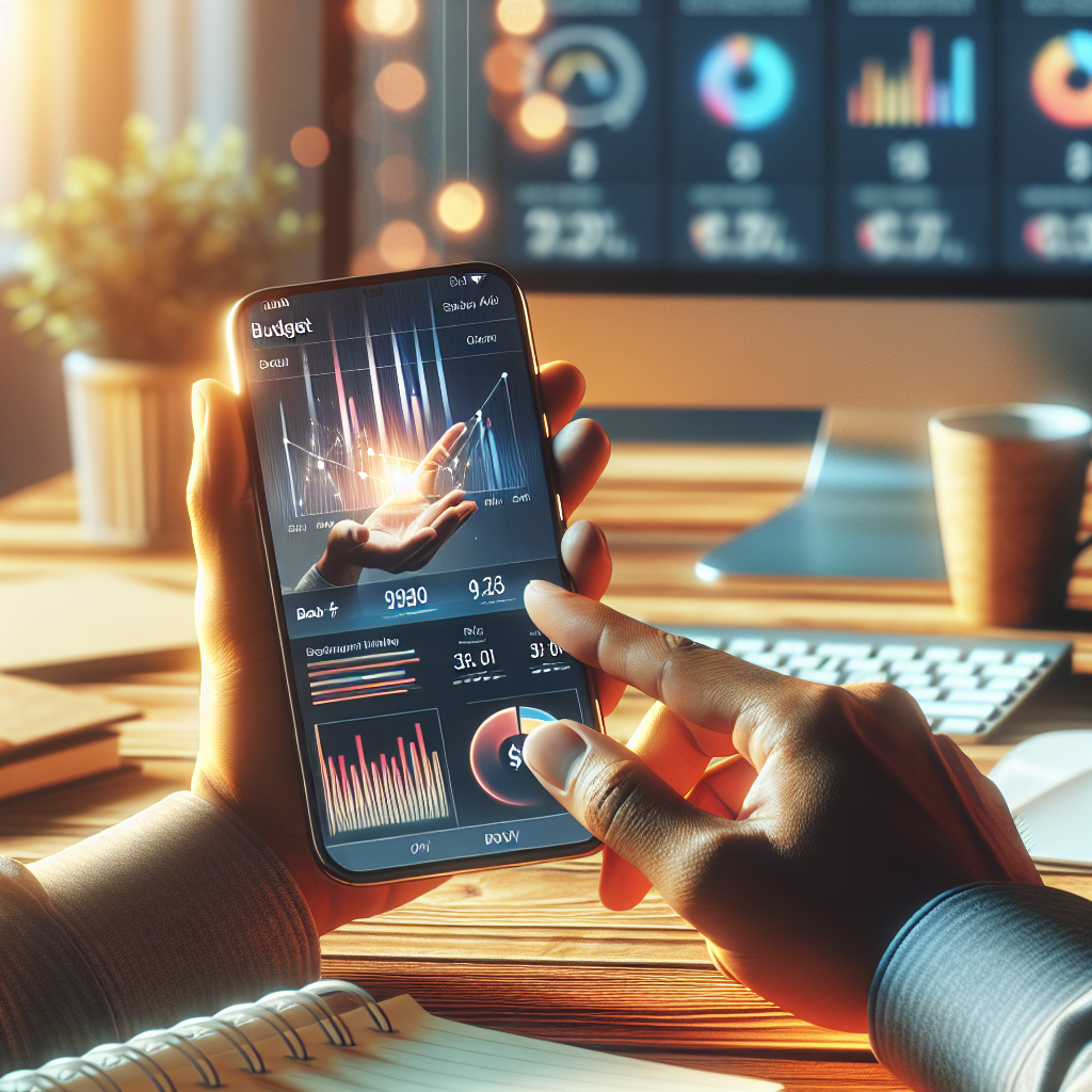 A person using a budget tracker app on a smartphone in a cozy home office.