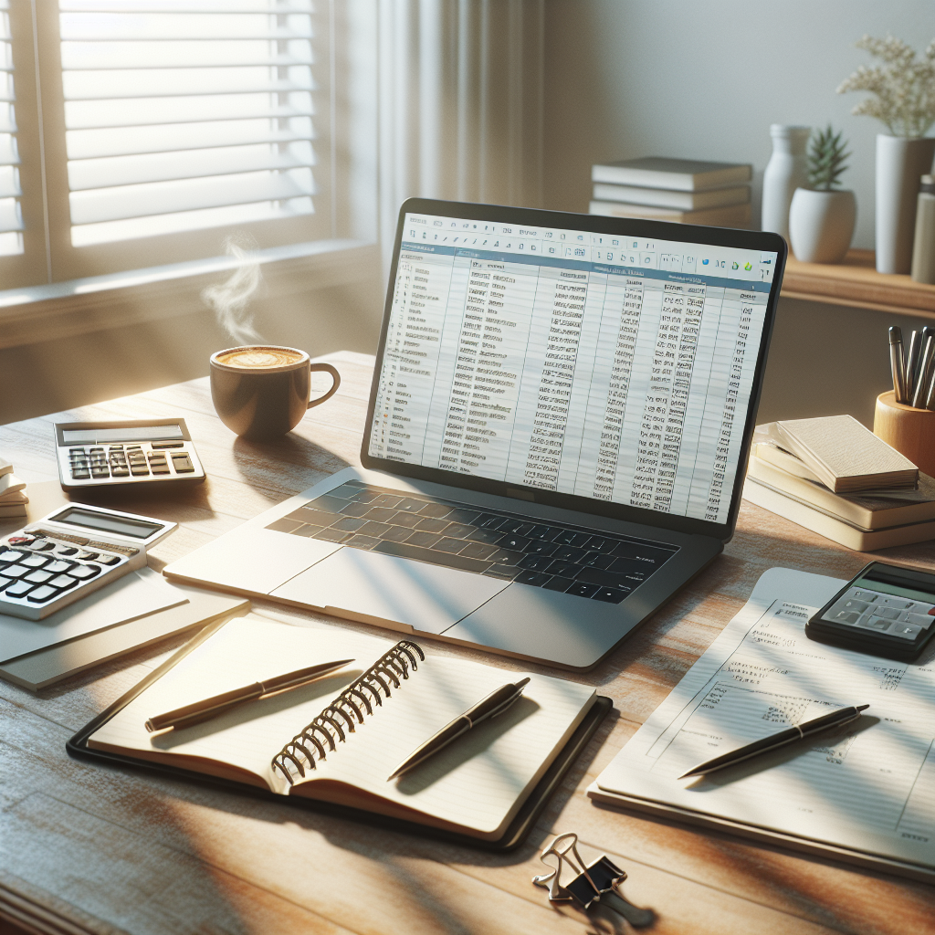 A realistic depiction of a desk setup for budget planning with a laptop, notebook, calculator, and coffee.