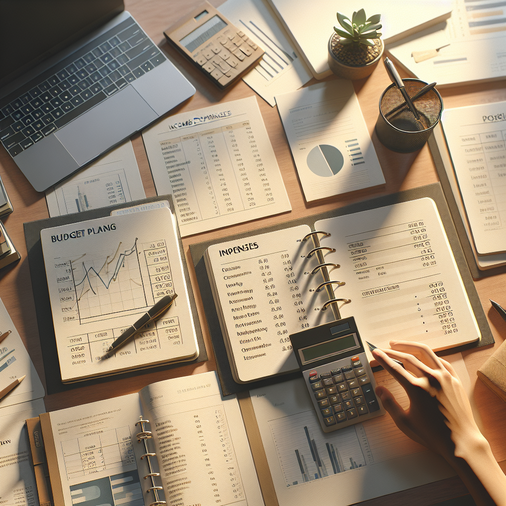 Realistic image of a desk with financial documents, a notebook, calculator, and a laptop, representing budget planning.