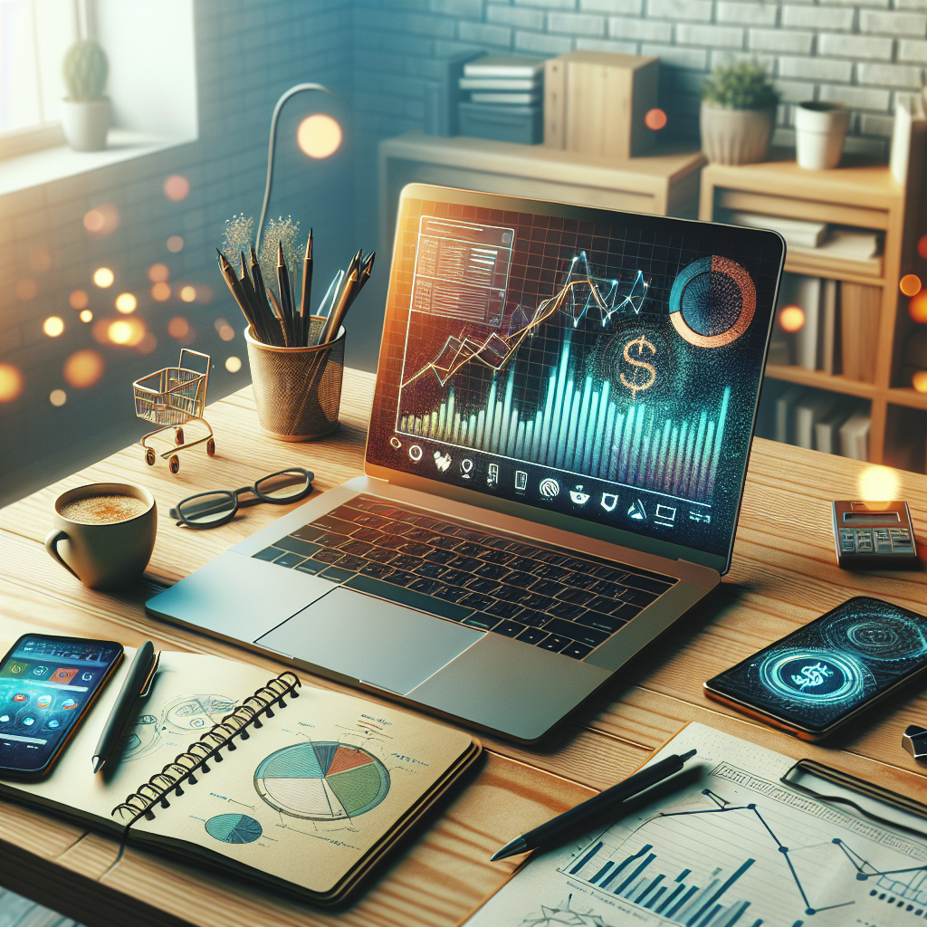 A modern workspace set up for budget tracking with a laptop, smartphone, notebook, and a cup of coffee on a wooden desk.