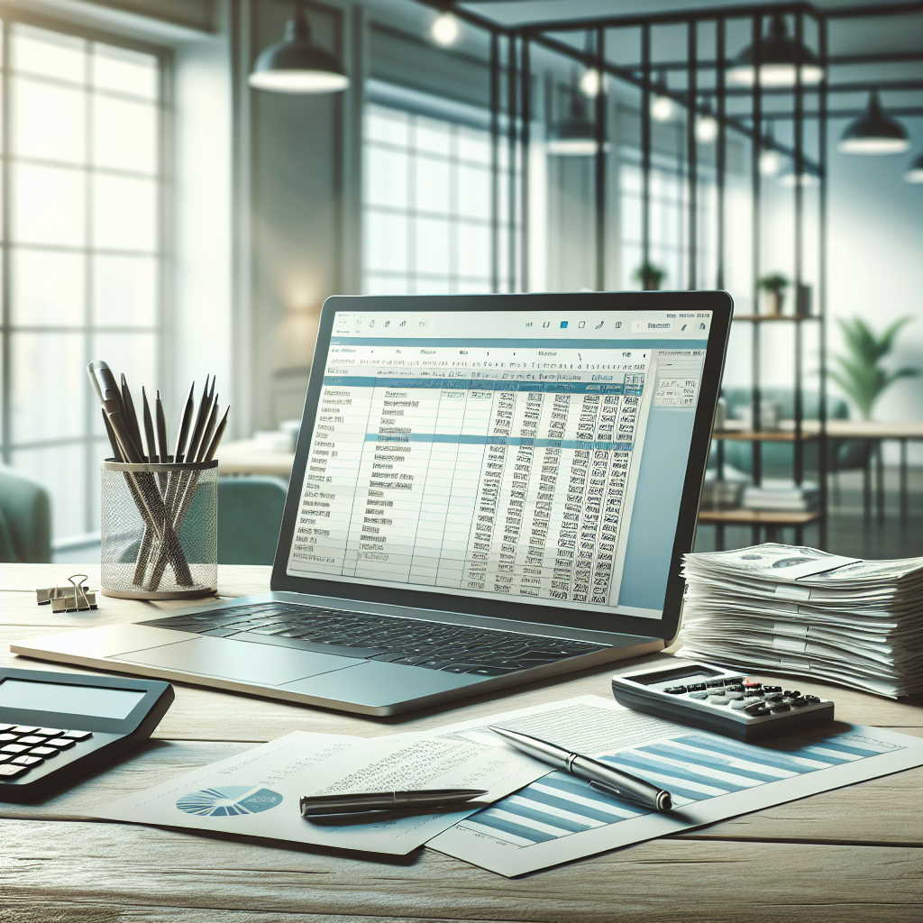 Realistic depiction of budget tracking tools on an office table including a laptop, calculator, and organized receipts.