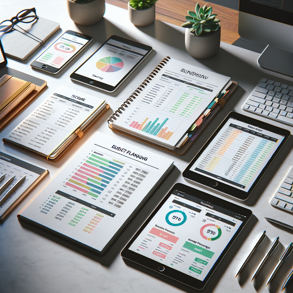 An assortment of budget planners, including paper-based planners and digital devices like tablets and smartphones displaying financial planning apps.