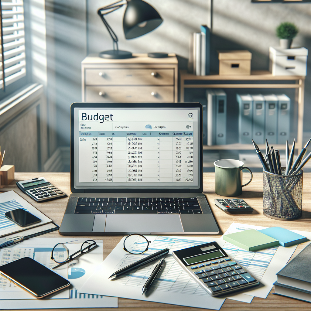 A modern budget tracking workspace with a laptop, smartphone, calculator, and office supplies.