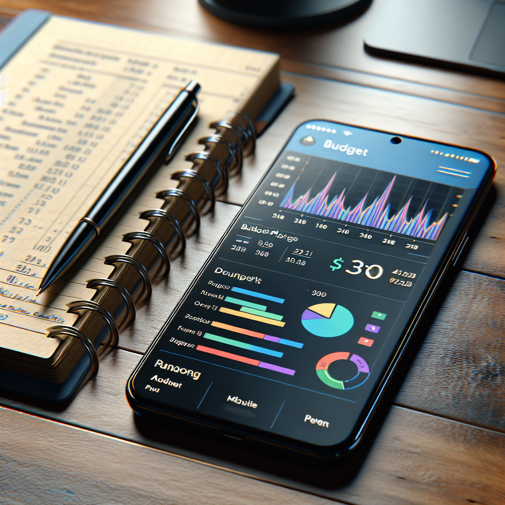 A modern digital budget planner on a smartphone next to a traditional paper-based budget planner on a wooden desk.