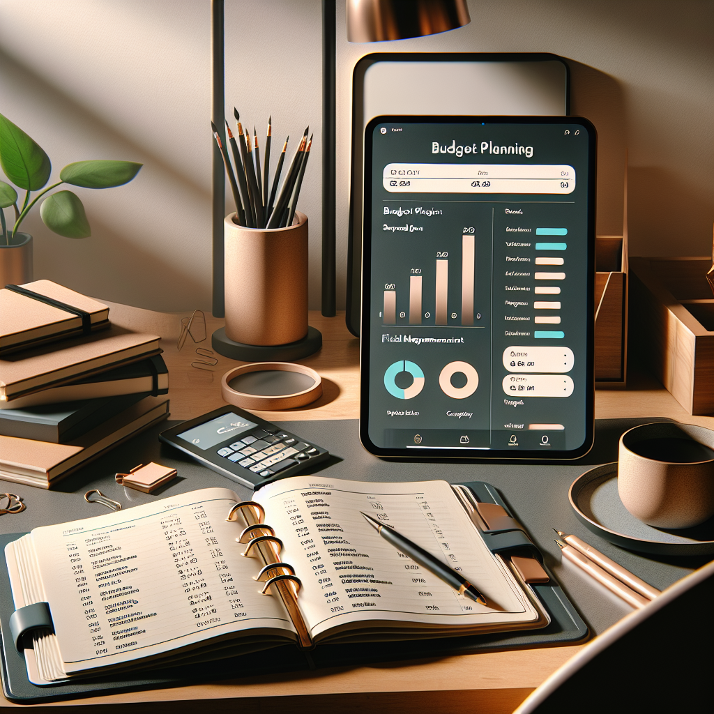 A modern budget planner on a desk, featuring both a paper planner and a tablet with a budgeting app.