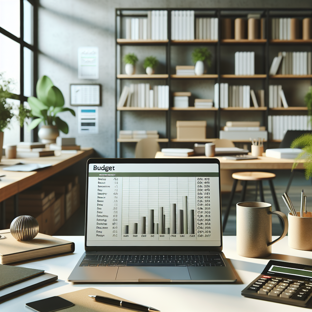 Modern workspace with a laptop displaying a budget tracking spreadsheet, organized documents, and a cup of coffee.