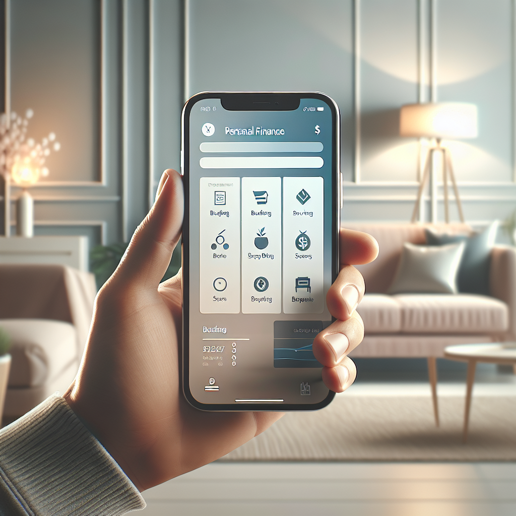 Realistic image of a personal finance app interface on a smartphone, held by a person in a cozy home setting.