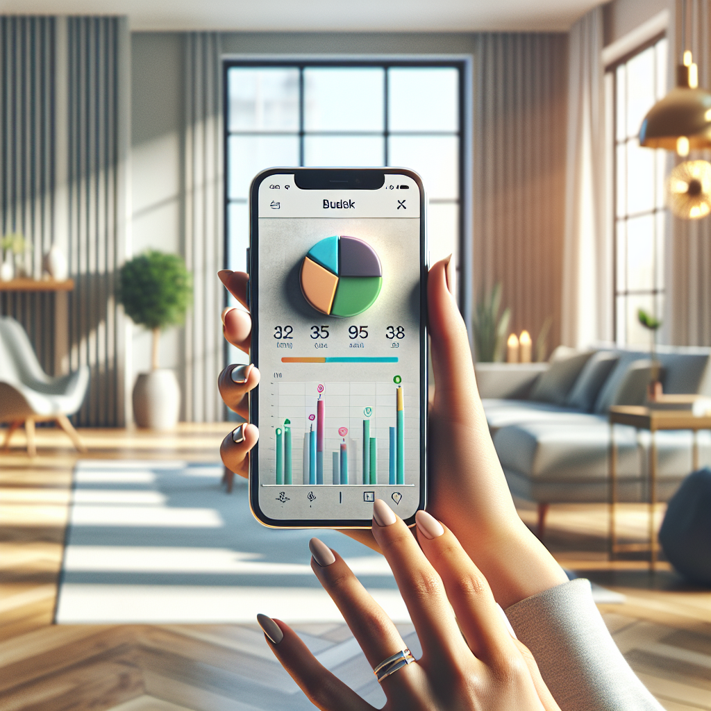 A person using a personal finance app on a smartphone in a bright, modern home interior.