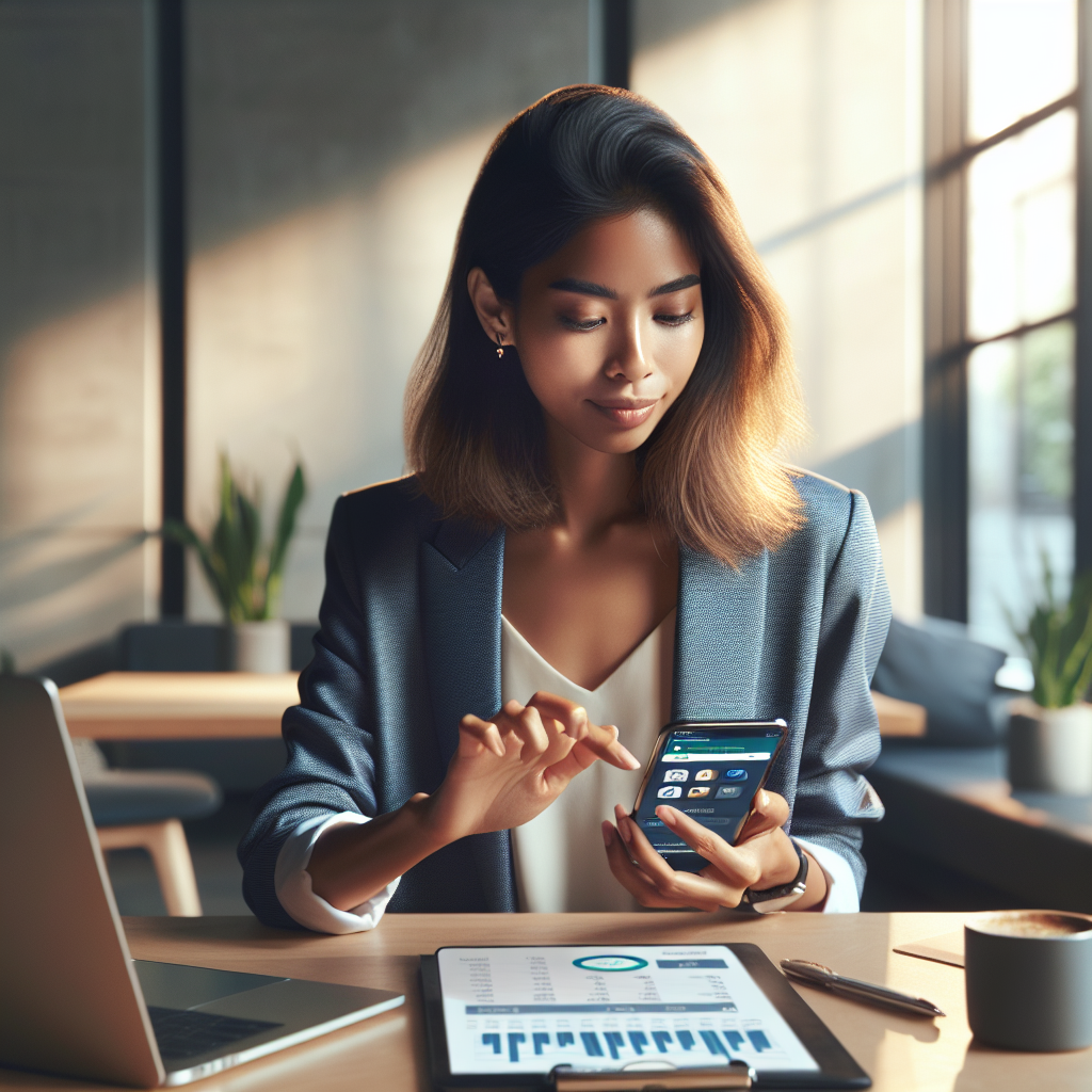 A young professional woman using a personal finance app on her smartphone at a modern desk.