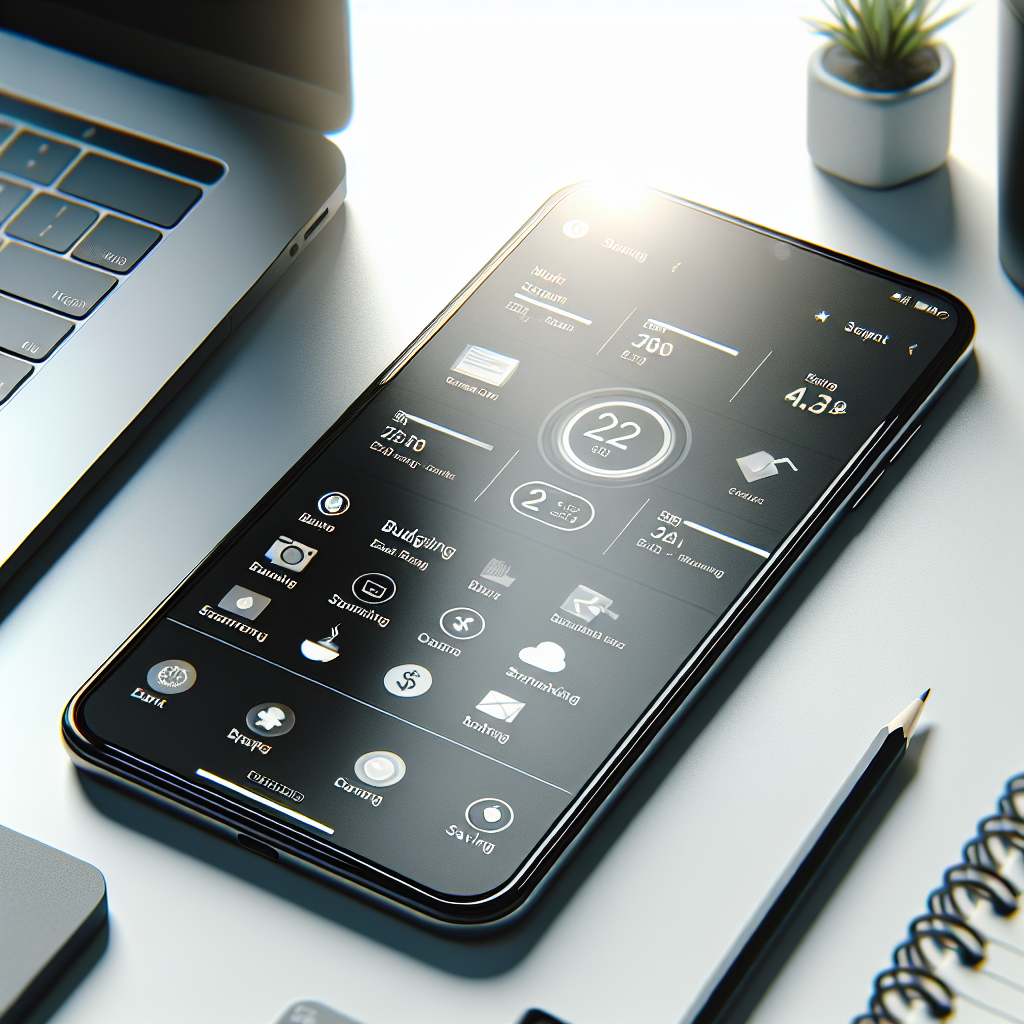 A smartphone displaying a personal finance app interface on a minimalist office desk.